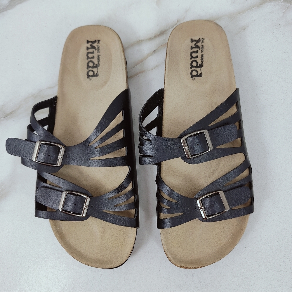 EUC Mudd Women's Black Strappy Slide Sandals Cork Footbed, Sz 9.5